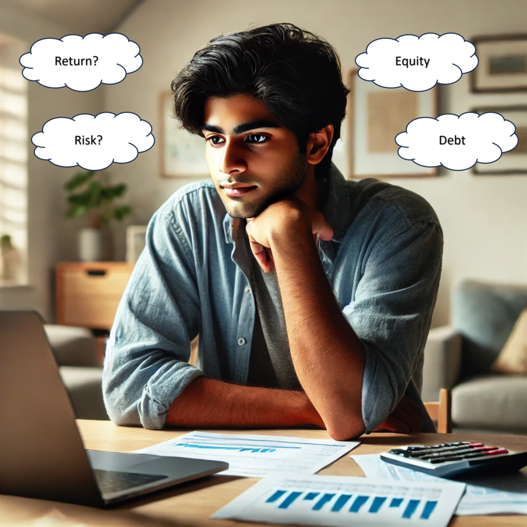 A young Indian adult sitting at a desk, looking at a computer screen with a contemplative expression. The person is surrounded by financial papers, and cloud bubbles providing an illusion that he is thinking about risk, return, equity, debt as topics.
